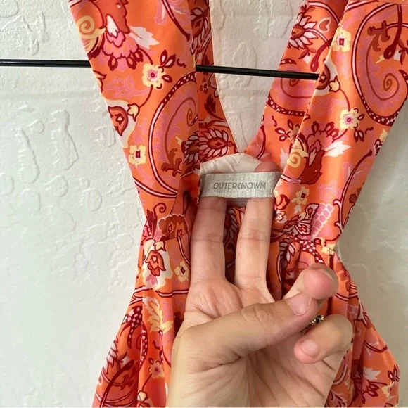 Outerknown Pink Orange Ruffle Tier High Neck Split Strap Maxi Dress Floral Sz 2 - Picture 5 of 8